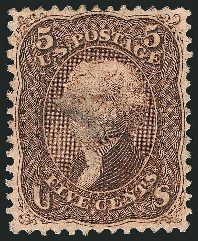 5c Brown, F. Grill (95).> Gorgeous centering, rich color and barely cancelled, light pressed vertical crease at right edge, otherwise Extremely Fine