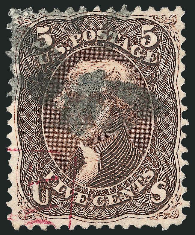 5c Brown, F. Grill (95).> Rich color, exceptionally well-centered, cork cancel and part of red boxed foreign transit, Very Fine and choice, with 1990 P.F. certificate