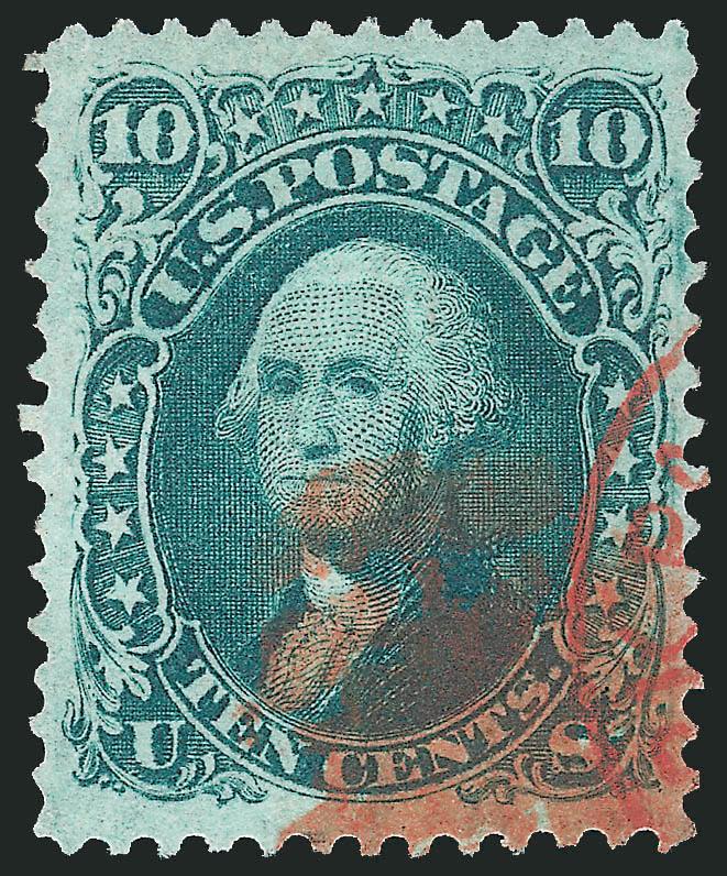 10c Yellow Green, F. Grill, Thin Paper (96 var).> Uncharacteristically wide margins and nicely centered, rich color, <red> cork cancel and bit of red transit, Very Fine, with 2007 P.F. certificate
