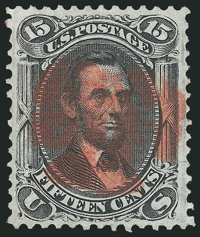 15c Black, F. Grill (98).> Choice centering with well-proportioned margins, bright shade beautifully complemented by <red cork> cancel, Extremely Fine, a spectacular 15c Lincoln F Grill cancelled in red, with
2003 and 2009 P.F. certificates