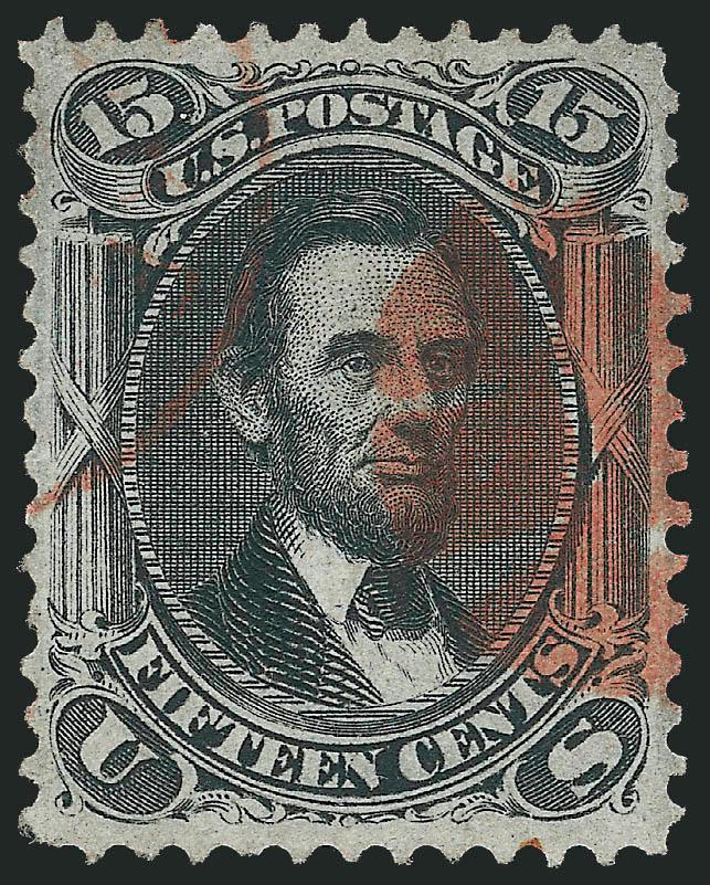 15c Black, F. Grill (98).> Unusually well-centered, <red> cork and light matching circular datestamp cancels, Extremely Fine, scarce and quite attractively cancelled in red, with 2010 P.S.E. certificate