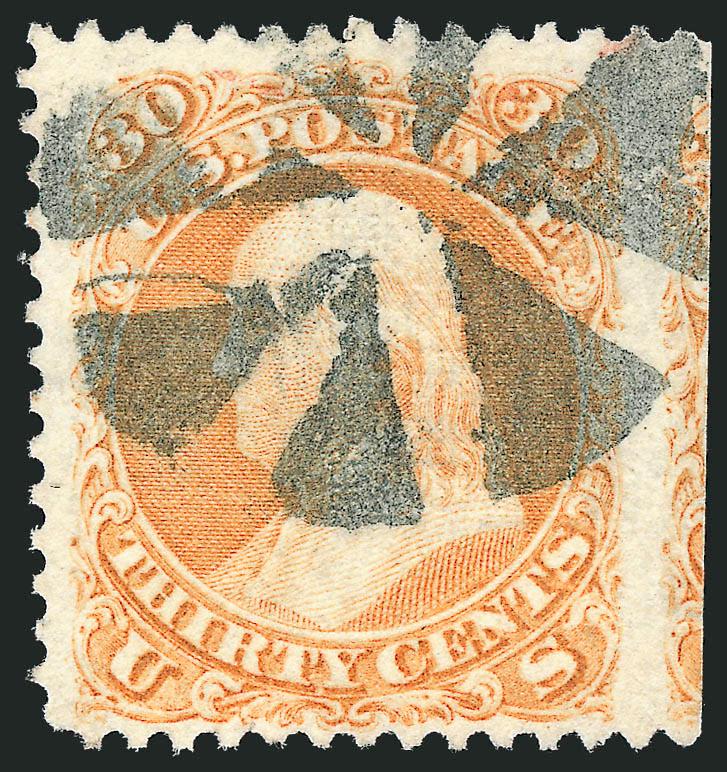 30c Orange, F. Grill (100).> Huge <straddle-pane margin> at right, bright color and circle of wedges cancel, Very Fine, this stamp is notorious for small margins, especially at the sides as per note in Scott
Catalogue, one of the widest-margined exam