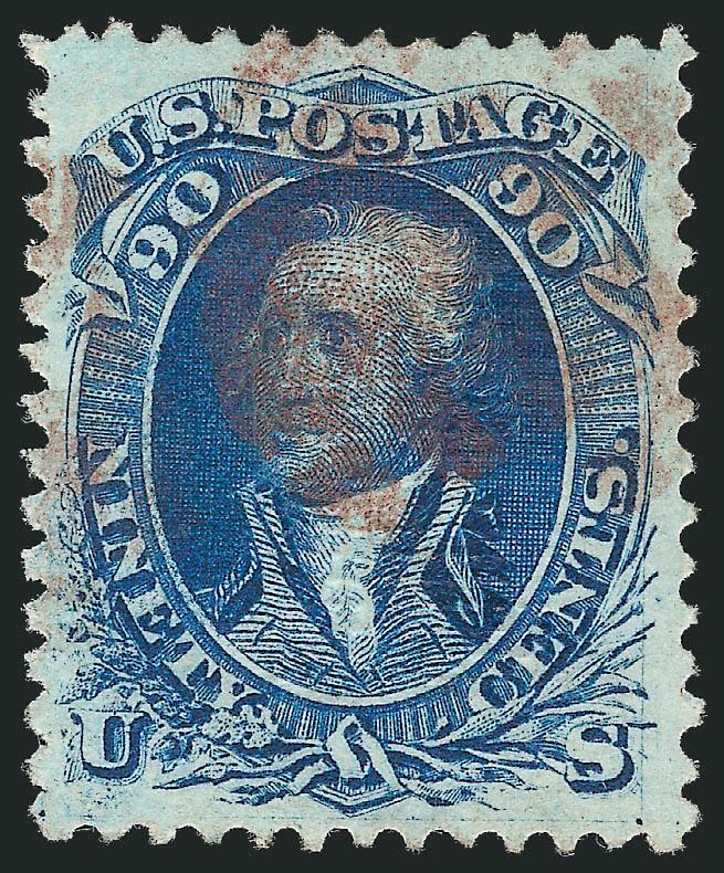 90c Blue, F. Grill (101).> Perfectly centered with wide margins, beautiful shade and impression, <red cork> cancel, much better formed perfs than typically encountered<><>^EXTREMELY FINE GEM. A SPECTACULAR USED
EXAMPLE OF THE 1868 90-CENT F GRILL,