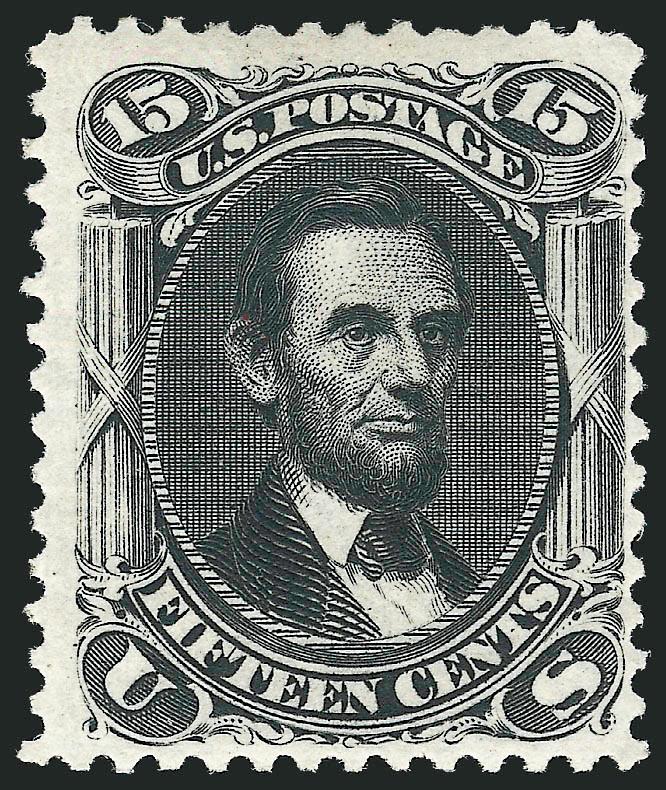 15c Black, Re-Issue (108).> Original gum, lightly hinged, fresh and crisp<><>^FINE. A FRESH AND ATTRACTIVE ORIGINAL-GUM EXAMPLE OF THE 15-CENT 1866 LINCOLN RE-ISSUE.^<><>Only 397 sold. With 1993 P.F.
certificate