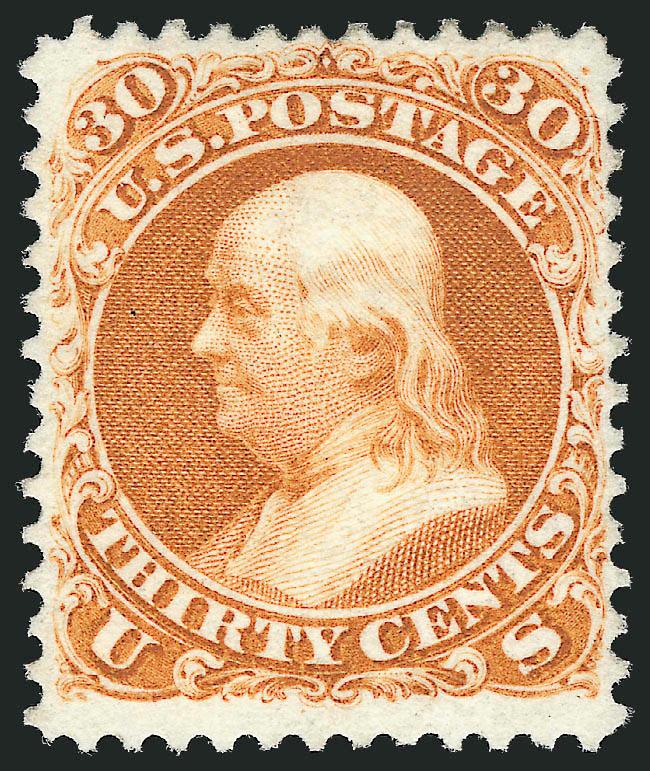30c Brownish Orange, Re-Issue (110).> Traces of original gum, marvelous color and exceptionally well-centered<><>^VERY FINE AND BEAUTIFUL UNUSED EXAMPLE OF THE 30-CENT 1861 RE-ISSUE.^<><>Only 346 sold. With
1989 P.F. certificate. Scott Retail as