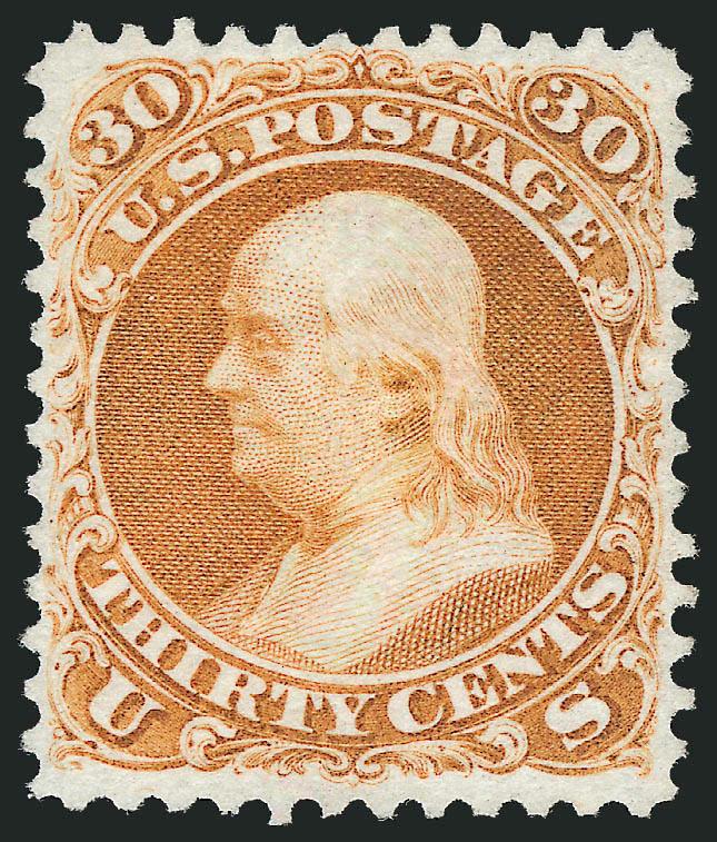 30c Brownish Orange, Re-Issue (110).> Unused (no gum), remarkably choice centering, beautiful rich color and proof-like impression on bright paper<><>^EXTREMELY FINE. ONE OF THE MOST CHALLENGING OF THE 1861
RE-ISSUES TO FIND IN THIS SUPERB UNUSED C