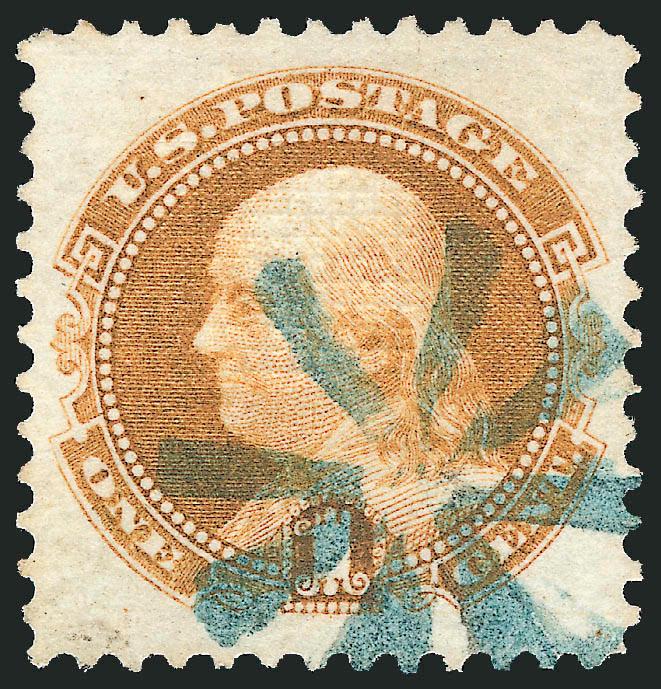 1c Buff (112).> Jumbo margins, bright color, scarce <blue spokes fancy cancel,> Extremely Fine Gem, with 2007 P.S.E. certificate (XF-Superb 95 Jumbo SMQ $1,300.00 as 95, $3,550.00 as 98), SMQ value is for
ordinary black cancel, one of only three a