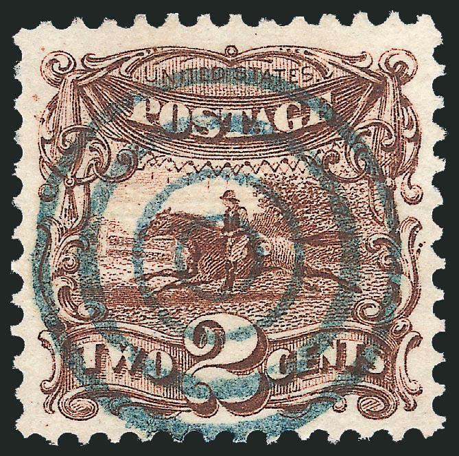 2c Brown (113).> Wide and balanced margins, beautiful dark shade and crisp impression, perfectly struck <blue> target cancel, Extremely Fine Gem, with 2006 P.S.E. certificate (XF-Superb 95 SMQ $790.00 as
ordinary black cancel)