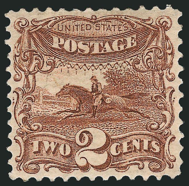 2c Brown, Without Grill (113b).> Large part of characteristic brownish original gum (disturbed), deep rich color and fine impression, attractive centering<><>^VERY FINE AND CHOICE. A RARE EXAMPLE OF THE 2-CENT
1869 PICTORIAL ISSUE WITHOUT GRILL.^<