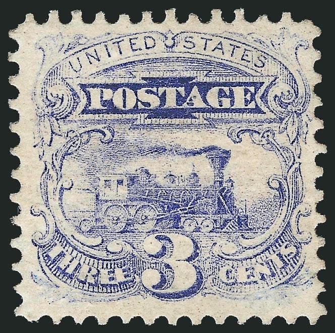 3c Ultramarine, Without Grill (114a).> Part disturbed original gum, choice centering, accompanying certificate notes lightly stained at bottom which we have difficulty detecting<><>^VERY FINE APPEARING EXAMPLE
OF THE 3-CENT 1869 PICTORIAL ISSUE W