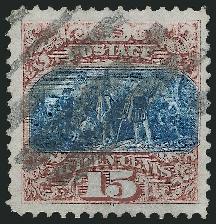 15c Brown & Blue, Ty. I (118).> Bright colors, Jumbo margins all around, bold strike of large grid cancel<><>^EXTREMELY FINE. A BEAUTIFUL USED EXAMPLE OF THE 15-CENT TYPE I 1869 PICTORIAL.^<><>With 2008 P.S.E.
certificate (XF 90 Jumbo SMQ $1,600