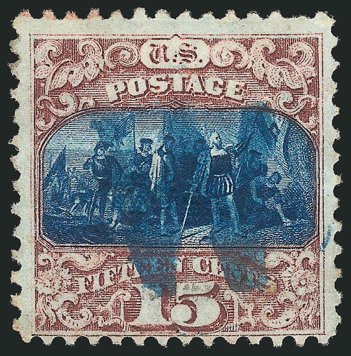 15c Brown & Blue, Ty. II (119).> Rich colors, single nibbed perf at top, <bold blue W fancy cancel,> Very Fine appearance, fancy cancels are rarely seen on high-value 1869 Pictorial stamps