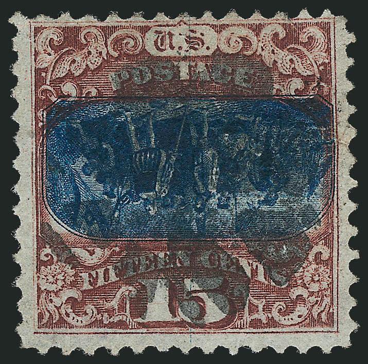 15c Brown & Blue, Ty. II, Center Inverted (119b).> Deep rich colors and proof-like impressions, bold strike of cork cancel, couple small flaws not readily apparent, appears to be in far better condition than
most examples of this issue<><>^VERY FIN