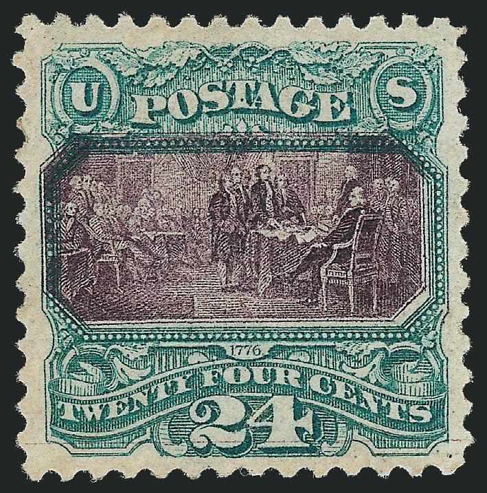 24c Green & Violet (120).> Original gum, lightly hinged, intense colors and impressions, expertly reperfed at right<><>^VERY FINE APPEARING ORIGINAL-GUM EXAMPLE OF THE 24-CENT 1869 PICTORIAL ISSUE.^<><>With
2007 P.F. certificate