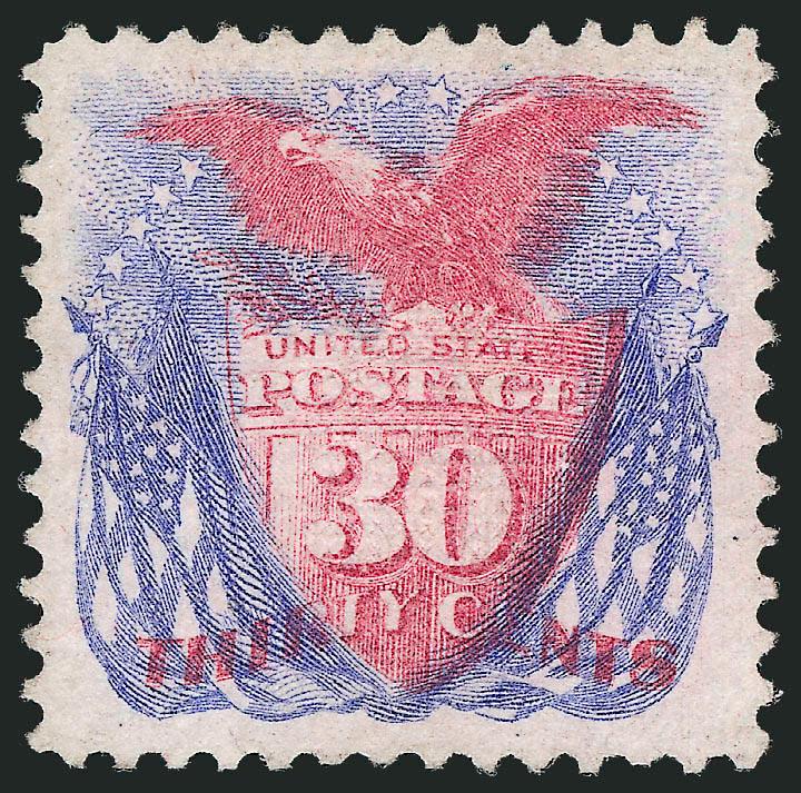 30c Ultramarine & Carmine (121).> Unused (no gum), rich colors on fresh paper, gorgeous centering with wide and balanced margins<><>^EXTREMELY FINE GEM. A SUPERB UNUSED EXAMPLE OF THE 30-CENT 1869 PICTORIAL
ISSUE.^<><>With 1980 and 1993 P.F. and