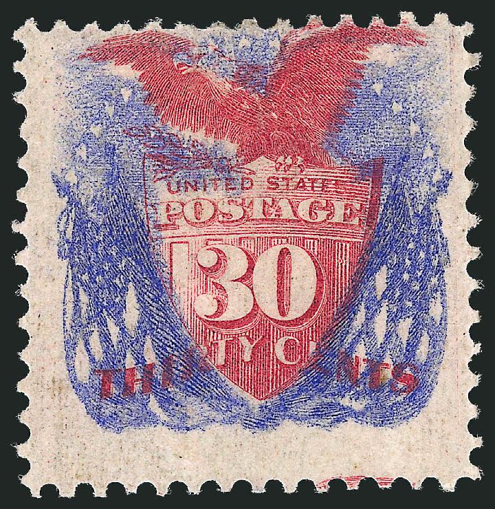 30c Ultramarine & Carmine, Without Grill (121a).> Original gum, incredibly deep rich colors and proof-like impressions, centered to top, light horizontal crease at right center<><>^FINE APPEARANCE. A SCARCE
EXAMPLE OF THE 30-CENT 1869 PICTORIAL ISS