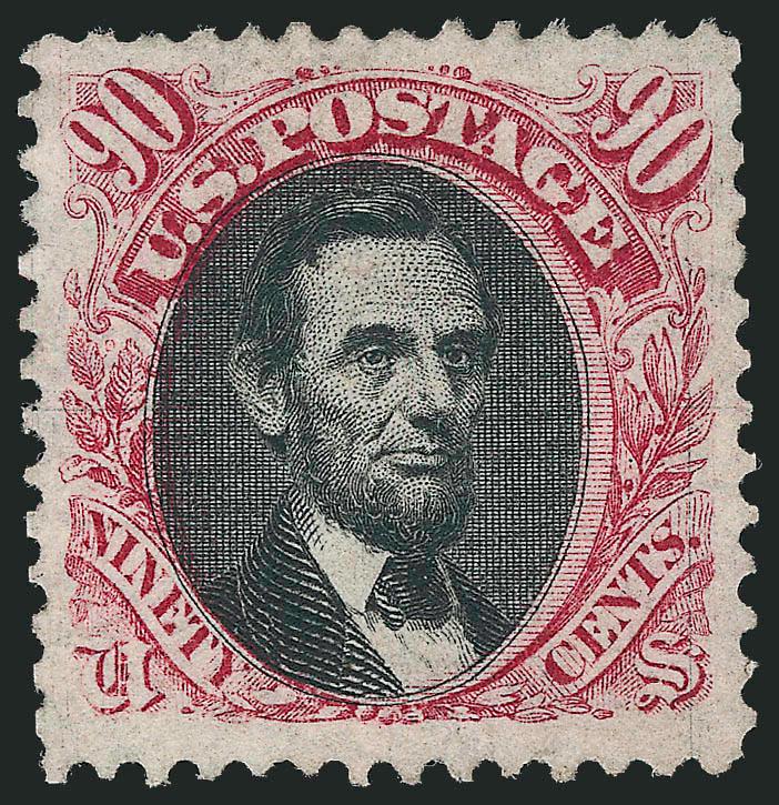 90c Carmine & Black, Without Grill (122a).> Unused (no gum), nicely centered, strong colors, small flaws<><>^EXTREMELY FINE APPEARING AND AFFORDABLE EXAMPLE OF THE 90-CENT 1869 PICTORIAL ISSUE WITHOUT
GRILL.^<><> Only 23 examples had been certifi
