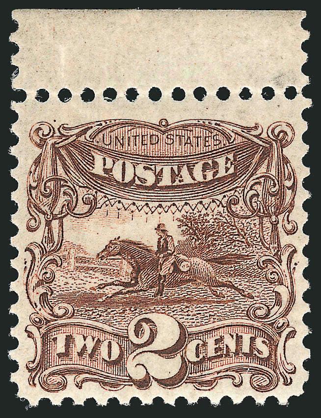 2c Brown, Re-Issue (124).> Original gum with <top sheet selvage,> lightly hinged, rich color and sharp impression, Very Fine, few 1869 Pictorial Re-Issues exist with sheet selvage, with photocopy of 1989 P.F.
certificate for bock and 2010 P.S.E. cert