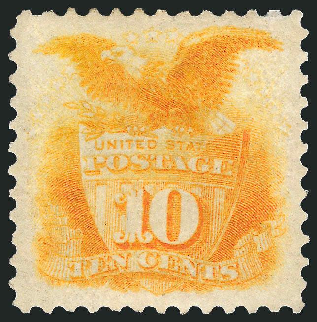 10c Yellow, Re-Issue (127).> Original gum, vibrant color as fresh as the day it was printed, perfectly centered with wide and balanced margins<><>^EXTREMELY FINE GEM. THIS MAGNIFICENT ORIGINAL-GUM EXAMPLE OF
THE 10-CENT 1869 PICTORIAL RE-ISSUE HAS
