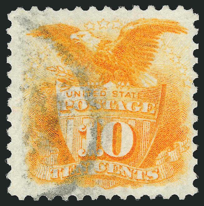 10c Yellow, Re-Issue (127).> Well-centered, oval registry cancel, vivid color, Very Fine, according to P.S.E. approximately 30 used examples known out of the entire issue of 1,947, with 1985 P.F.
certificate