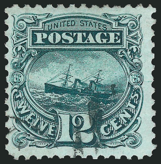 12c Green, Re-Issue (128).> Wide margins and attractively centered, beautiful deep rich color, small part of oval grid duplex cancel, Fine, according to P.S.E. approximately 20 used examples are known out of
the entire issue of 1,584, though we belie