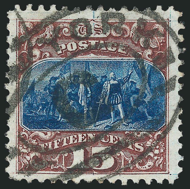 15c Brown & Blue, Re-Issue (129).> Huge margins and nicely centered, deep rich colors, bold socked-on-the-nose New York double-oval cancel, Very Fine, exceptionally attractive, according to P.S.E. approximately
70 used examples known, with 1984 P.F.