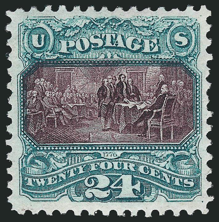 24c Green & Violet, Re-Issue (130).> Original gum, lightly hinged, exceptionally well-centered, vivid colors and sharp impression<><>^VERY FINE AND CHOICE. A GORGEOUS ORIGINAL-GUM EXAMPLE EXAMPLE OF THE 24-CENT
1869 PICTORIAL RE-ISSUE.^<><>With 2