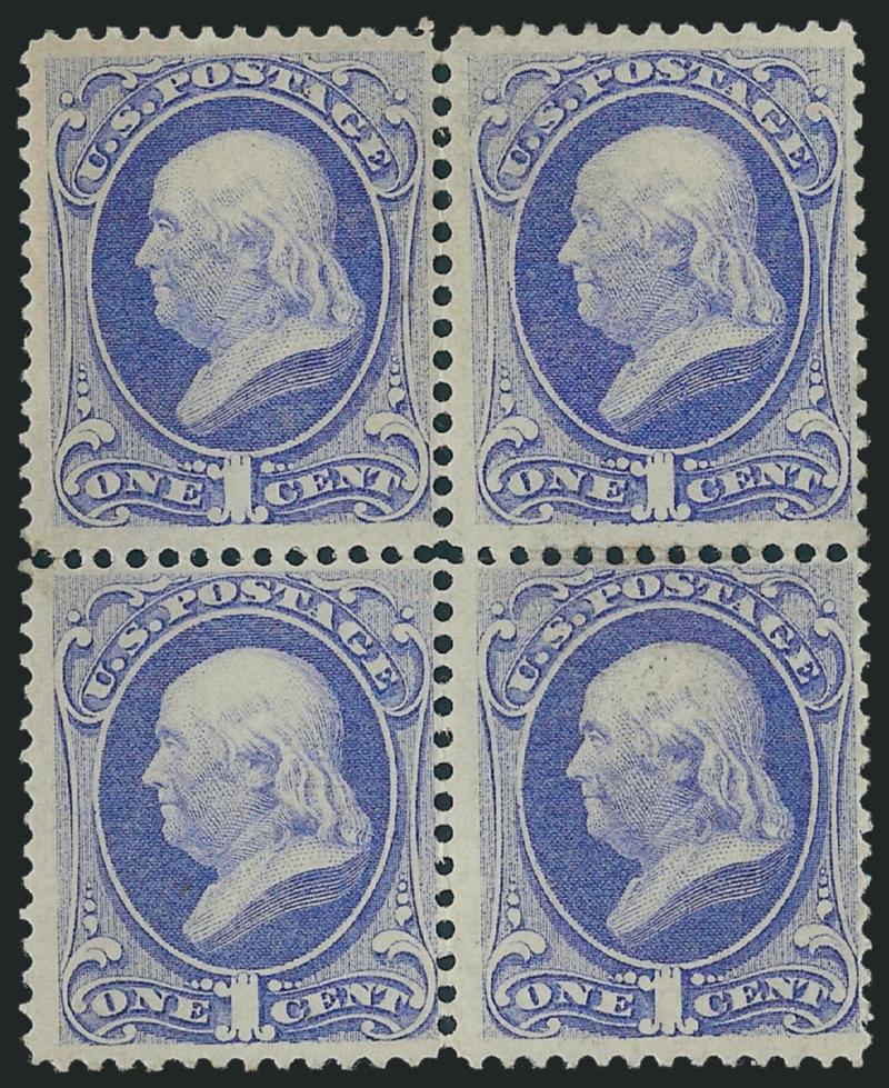 1c Ultramarine, Grill (134, 145).> Block of four, right stamps with traces of H. Grill at right, <left stamps with no trace of grill points,> original gum, bright color, few trivial perf separations not
mentioned on accompanying certificate<><>^FIN