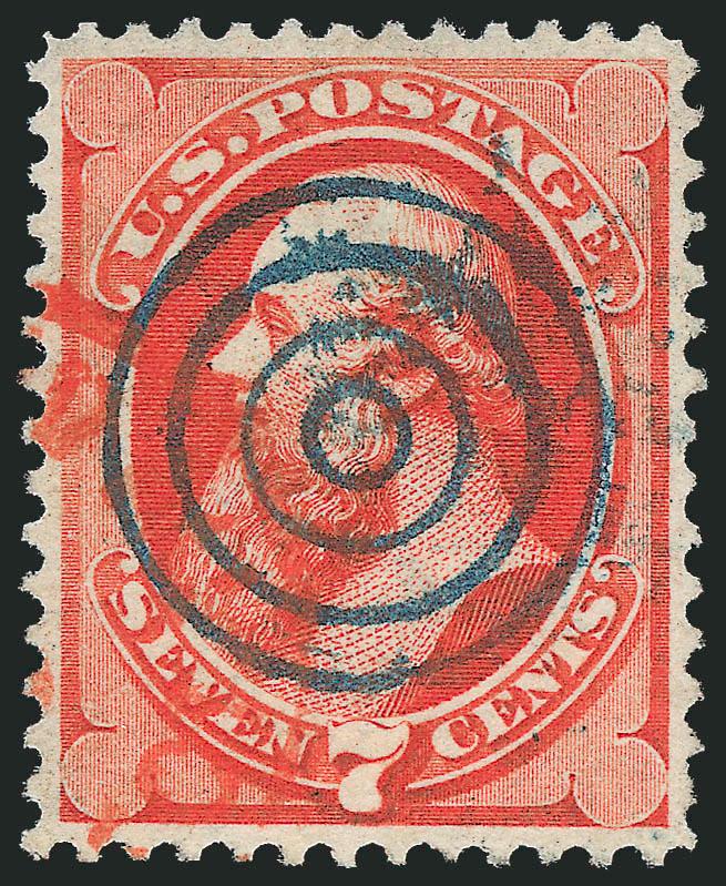 7c Vermilion, Grill (138).> H. Grill, precisely centered, intense shade, socked-on-the-nose bold <blue target> cancel and part of <red> transit, Extremely Fine, a beautiful stamp, with 2003 P.S.E.
certificate
