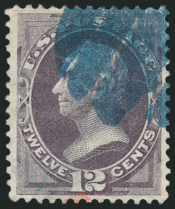 12c Dull Violet, Grill (140).> Choice centering, bold <blue> cork cancel and trace of red cancel at bottom, rich color in attractive pastel shade, tiny negligible corner crease at upper right does not detract,
Extremely Fine Gem appearance, very few
