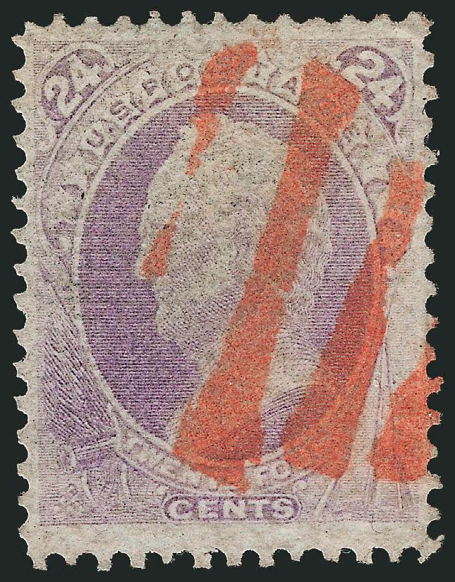 24c Purple, Grill (142).> H. Grill, nicely centered, excellent color for this issue, <red 4-bar grid> cancel, minor corner crease<><>^VERY FINE APPEARANCE. AN ATTRACTIVE EXAMPLE OF THE 24-CENT 1870 BANK NOTE
GRILLED ISSUE WITH A RED CANCELLATION.^<