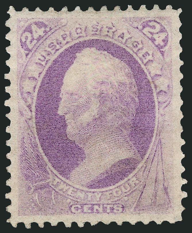 24c Purple (153).> Original gum, marvelous intense shade and impression, essentially perfect centering with wide balanced margins all around<><>^EXTREMELY FINE GEM. THE 1870 24-CENT NATIONAL BANK NOTE CO.
UNGRILLED ISSUE IS RARELY ENCOUNTERED IN TH