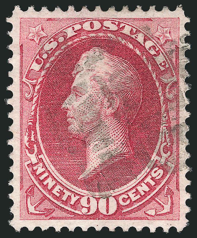 90c Carmine (155).> Perfectly centered, brilliant color on bright fresh paper, light cork cancel<><>^EXTREMELY FINE GEM. A SUPERB USED EXAMPLE OF THE 1870 90-CENT UNGRILLED NATIONAL BANK NOTE ISSUE.^<><>With
2010 P.S.E. certificate (XF-Superb 95