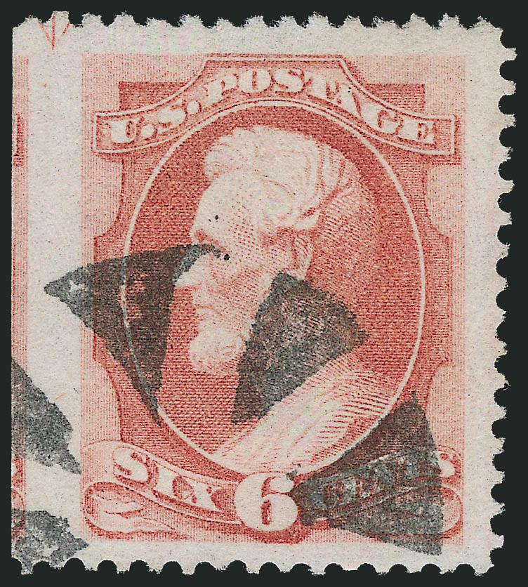 6c Dull Pink (159).> Jumbo margins with wide <straddle-pane margin> at left showing bit of stamp in adjacent pane and guide arrow at top, delightful color, bold circle of wedges cancel, Extremely Fine, a
beautiful stamp, with 1987 P.F. certificate