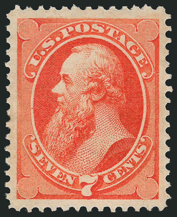 7c Orange Vermilion (160).> Original gum, lightly hinged, radiant color, precise centering with balanced Jumbo margins<><>^EXTREMELY FINE GEM. A SUPERB ORIGINAL-GUM EXAMPLE OF THE 1873 7-CENT CONTINENTAL BANK
NOTE COMPANY ISSUE. THIS MAGNIFICENT ST