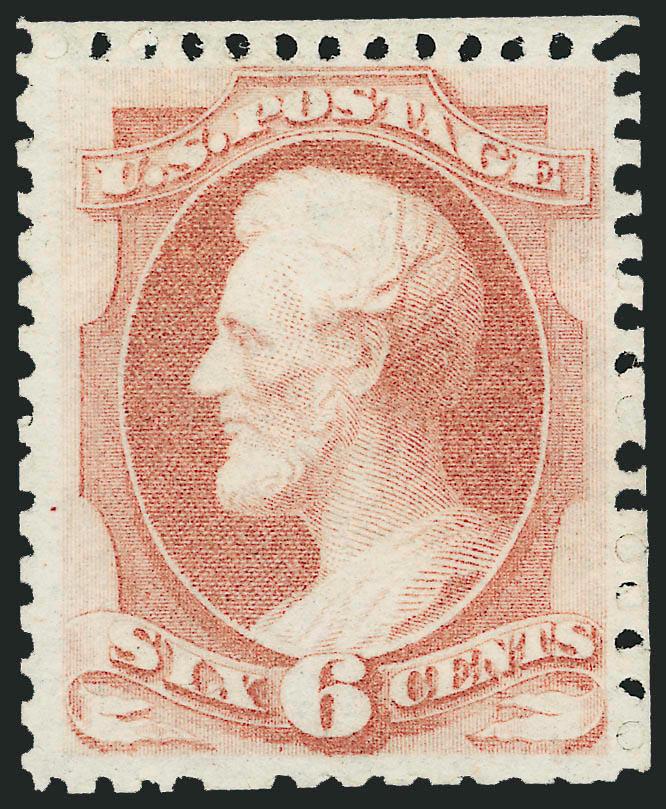 6c Dull Rose, Special Printing (170).> Without gum as issued, scissors-separated as usual but leaving <full perforations on all sides,> beautiful centering, radiant color on bright paper<><>^EXTREMELY FINE
EXAMPLE OF THE 1875 6-CENT CONTINENTAL BAN