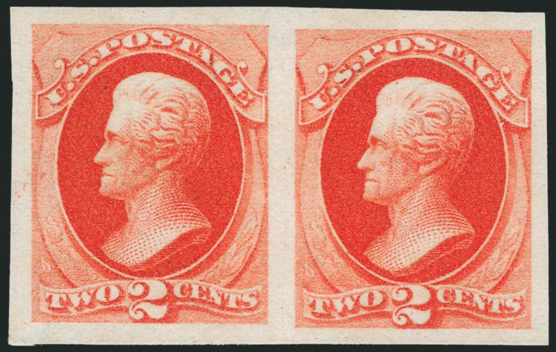2c Vermilion, Imperforate (178a).> Horizontal pair, unused (no gum), huge margins all around, radiant color, Extremely Fine Gem, with 1983 P.F. certificate, Scott Retail as with original gum