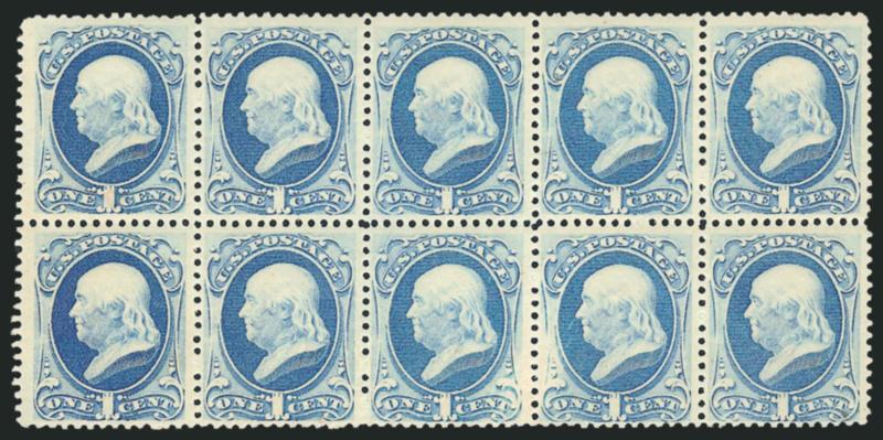 1c Dark Ultramarine (182).> Block of ten, original gum, <five stamps Mint N.H.,> others lightly hinged, radiant color, trivial natural inclusions<><>^VERY FINE. AN ATTRACTIVE AND FRESH LARGE MULTIPLE OF THE
ONE-CENT 1879 AMERICAN BANK NOTE COMPANY