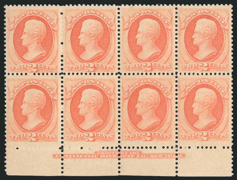 2c Vermilion (183).> Block of eight with <imprint at bottom,> most stamps Mint N.H., some overall toning not mentioned on accompanying certificate, otherwise Very Fine, with 1989 P.F. certificate, Scott Retail
as two hinged blocks of four with no pre