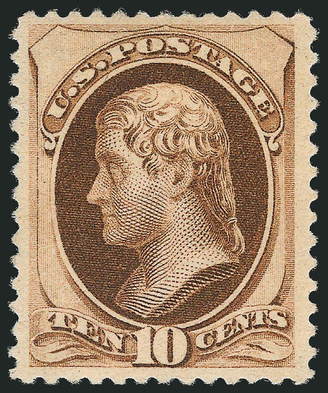 10c Brown, Without Secret Mark (187).> Original gum, lightly hinged, brilliant color on crisp paper, proof-like impression, choice centering with wide margins<><>^EXTREMELY FINE. A BEAUTIUL LIGHTLY-HINGED
EXAMPLE OF THE 10-CENT 1879 AMERICAN BANK N