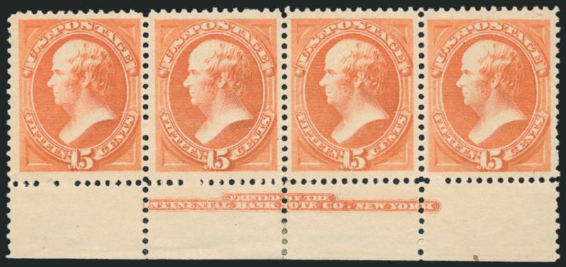 15c Red Orange (189).> Horizontal strip of four with <imprint> at bottom, original gum, center pair lightly hinged, end stamps Mint N.H., wide margins and exceptionally well-centered, left stamp Fine, others
Extremely Fine, Scott Retail as four singl