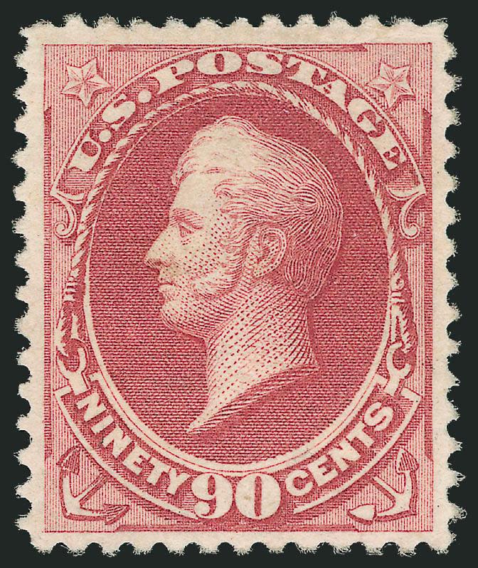 90c Carmine (191).> Original gum, barest trace of hinging, brilliant color, beautifully centered<><>^EXTREMELY FINE. A SUPERB ORIGINAL-GUM EXAMPLE OF THE 90-CENT 1879 AMERICAN BANK NOTE COMPANY ISSUE.^<><>With
2004 P.F. certificate