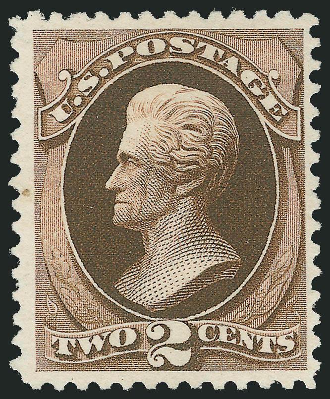 2c Black Brown, Special Printing (193).> Without gum as issued, deep rich color, wide margins, trivial natural inclusion in left margin at center<><>^VERY FINE AND CHOICE EXAMPLE OF THE 2-CENT 1880 AMERICAN
BANK NOTE SPECIAL PRINTING. SCARCE WITH S
