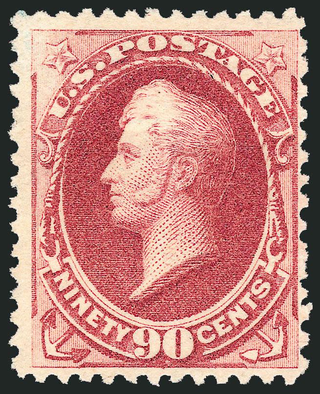 90c Dull Carmine, Special Printing (202).> Without gum as issued, bright color, balanced margins on three sides, centered a bit to right but perfs well clear<><>^VERY FINE. APPROXIMATELY 41 EXAMPLES OF THE
90-CENT 1880 AMERICAN BANK NOTE COMPANY SP