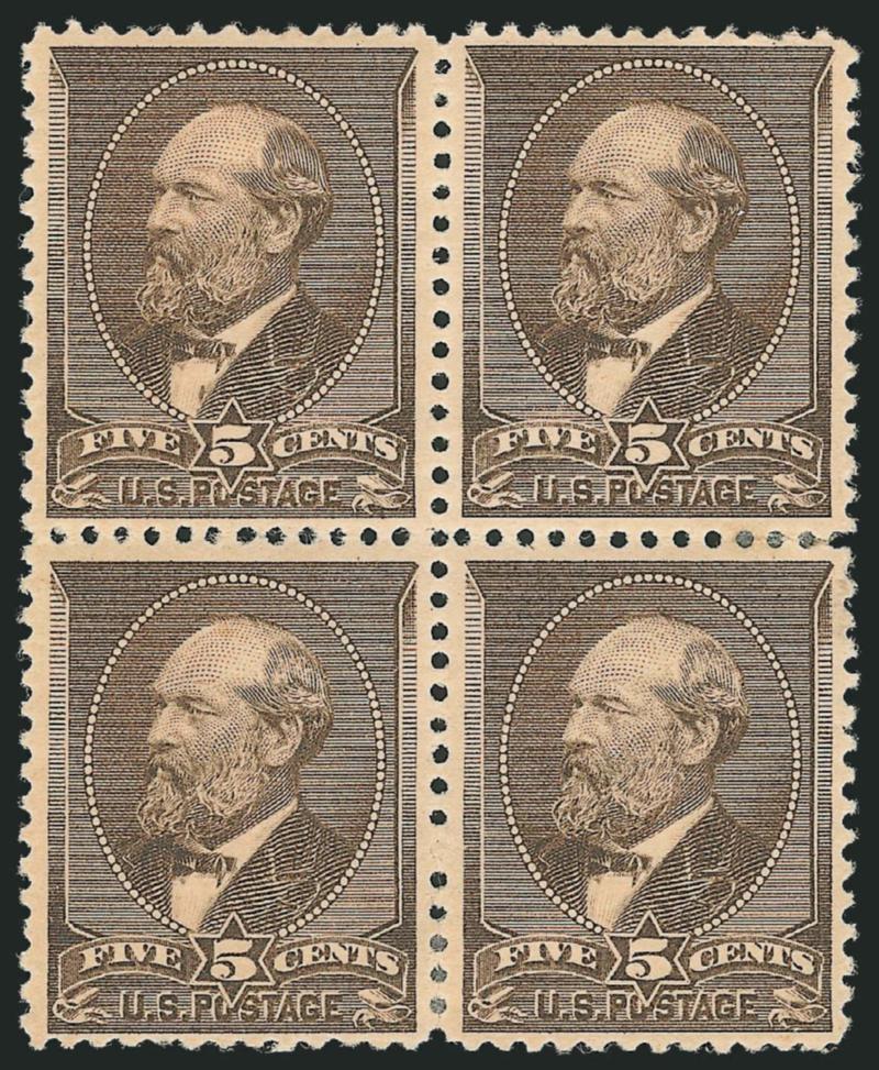 5c Yellow Brown (205).> Block of four, original gum, lightly hinged, dark color, tiny gum soak from couple rejoined perfs at right (not mentioned on accompanying certificate), right stamps with light natural
gum creases, appears Very Fine, with 2004