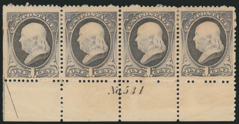 1c Gray Blue (206).> Horizontal strip of four with left imperf. half-arrow and bottom plate no. 531 selvage, original gum, h.r., wide margins and handsome centering, Extremely Fine