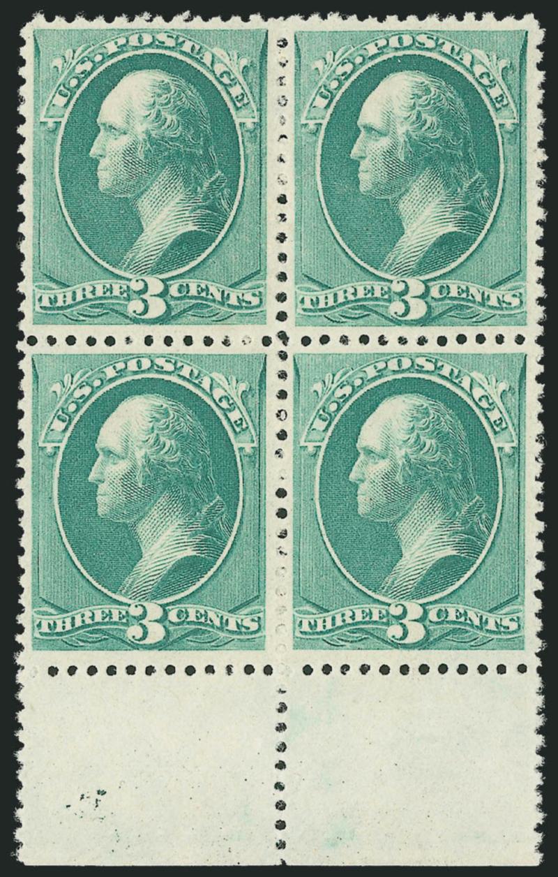 3c Blue Green (207).> Block of four with wide bottom selvage, original gum described by the P.F. as previously hinged but we see nothing, deep rich color and sharp impression, bottom right stamp with small
vertical crease, Very Fine and choice, with