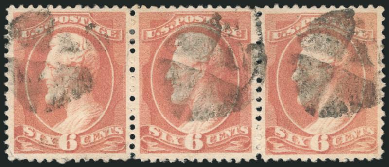 6c Rose (208).> Horizontal strip of three, exceptionally well-centered, rich color, quartered cork cancels, left stamp minor edge thin spot, otherwise Extremely Fine