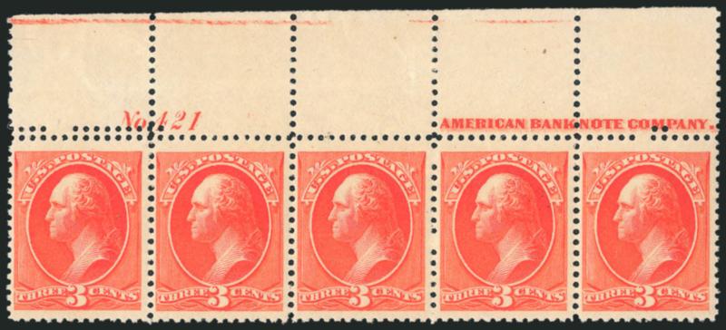 3c Vermilion (214).> Mint N.H. top imprint and plate no. 421 strip of five, partial <double row of perfs> in selvage, insignificant tiny thin and gum disturbance in selvage at right, otherwise Fine-Very Fine,
an attractive and scarce strip, with 2010