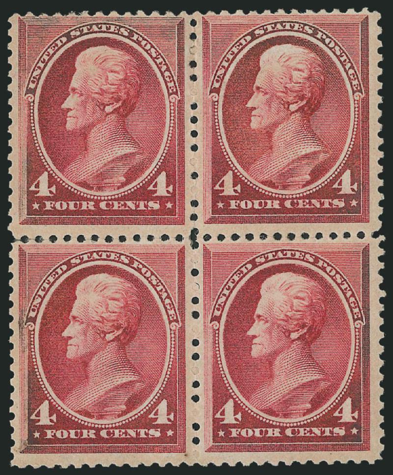 4c Carmine (215).> Block of four, original gum, slightly oxidized, few sensibly reinforced perf separations not mentioned on accompanying certificate, otherwise Fine, with 2001 P.F. certificate